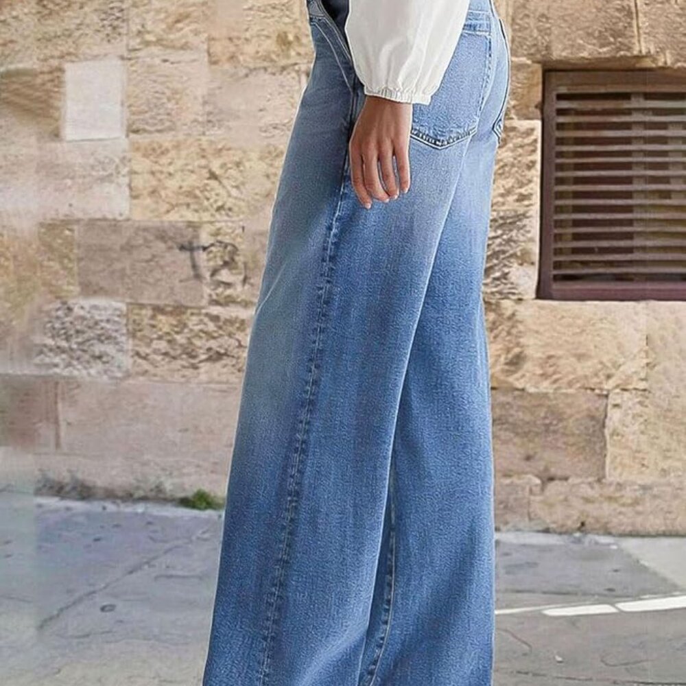 Flamingals Wide Leg Jeans‎ for Women | Mid Waist Baggy Washed Denim Jeans - Picture 4 of 16